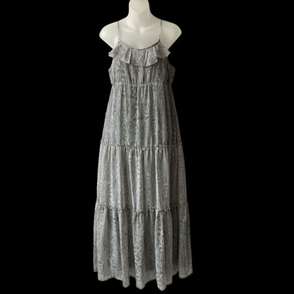 Relativity‎ Boho Fairycore Maxi Tiered Dress Women Size S Gray Woodgrain Print